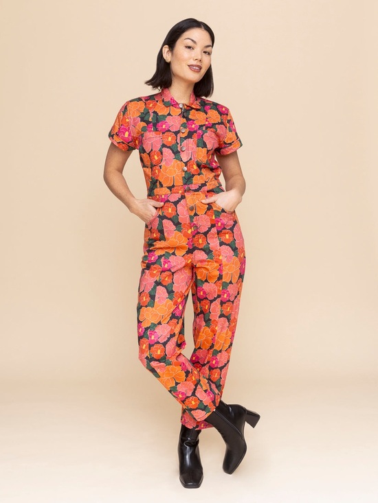 Mixed By Nasrin Pants - Women's Short-Sleeve Floral Jumpsuit in Orange & Pink